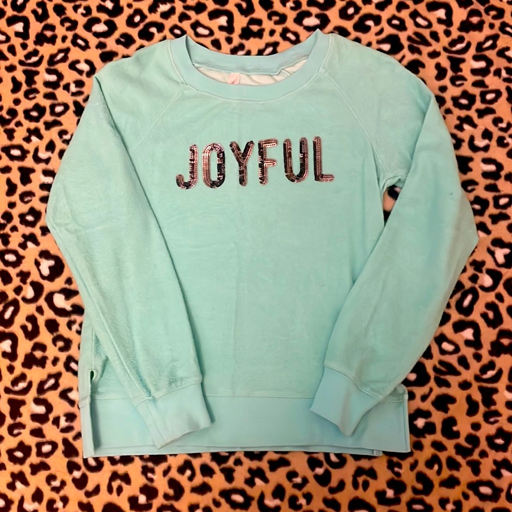 Mint green “Joyful” terry cloth sweat shirt, sz. S